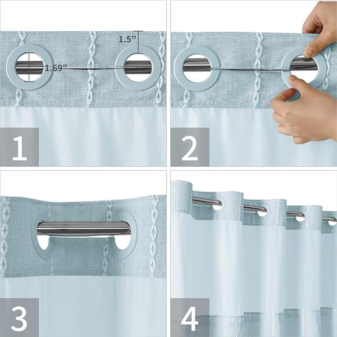 eachope No Hook Extra Long Shower Curtain Set with Snap-in Liner,Linen Textured Thick Striped Fabric with Tassels,Boho Chic Modern Farmhouse Bathroom Curtain,Water-Repellent,Fog Blue,71x86 - ModernBath