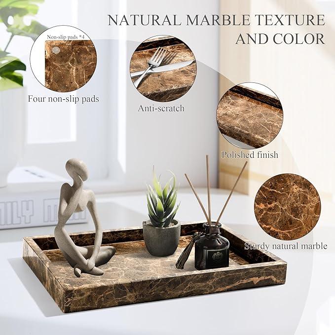 Real Natural Marble Tray for Bathroom, Genuine Marble Stone Vanity Tray, Luxury Storage Trays for Kitchen, Vanity, Home Decor, Dresser, Non-Resin/Non-Ceramic, 12"x 8"x 1.2", Dark Brown - ModernBath