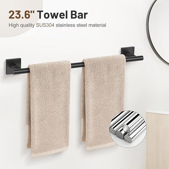 5 Pieces Bathroom Hardware Set Matte Black Towel Bar Set Includes 23.6” Towel Bar, Towel Ring Holder, Toilet Paper Holder and Two Towel Hooks, Bathroom Accessories Set SUS304 Wall Mounted - ModernBath