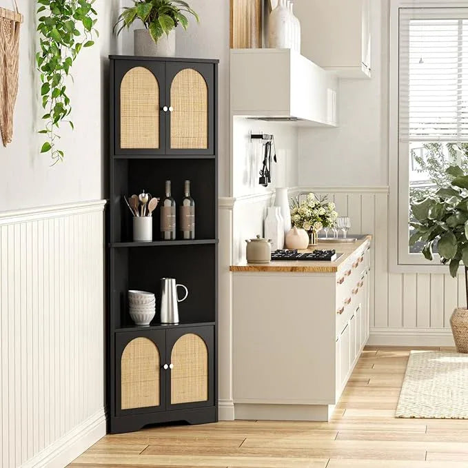 67''H Tall Corner Cabinet with Handmade Rattan Door, Rattan Storage Cabinet with Adjustable Shelves, Corner Bookshelf Space Saver for Barthroom, Kitchen, Living Room, Black - ModernBath