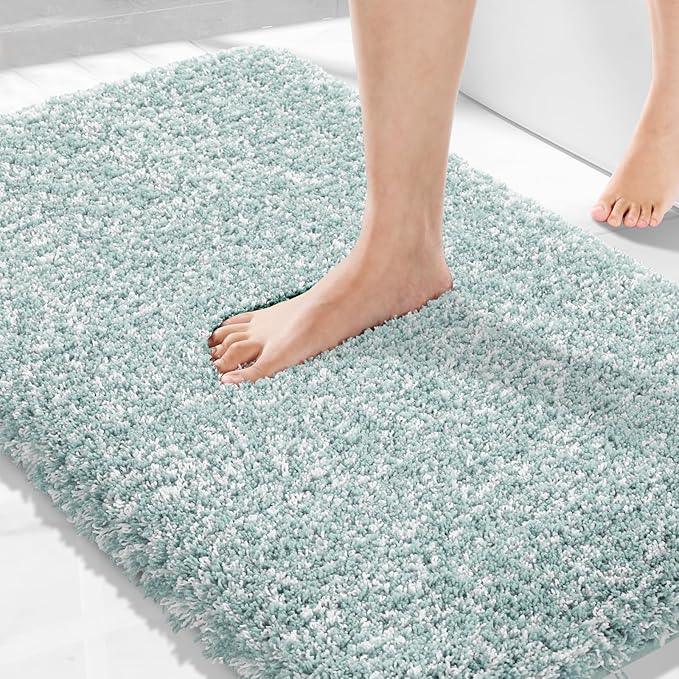 Yimobra Bathroom Rugs Non Slip Washable 36x24, Ultra Soft and Water Absorbent Bath Mats, Plush Fluffy Shower Mat Outside, Luxury Microfiber Thick Matts for Bathroom Floor/Tub, Sky Light Blue and White - ModernBath