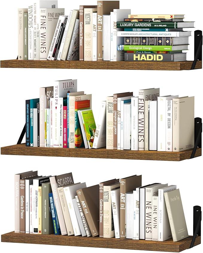 upsimples Floating Book Shelves for Wall, 23.6 Inches Floating Wood Shelves for Living Room, Laundry Room, Bedroom, Office Organizer and Storage, Brown - ModernBath