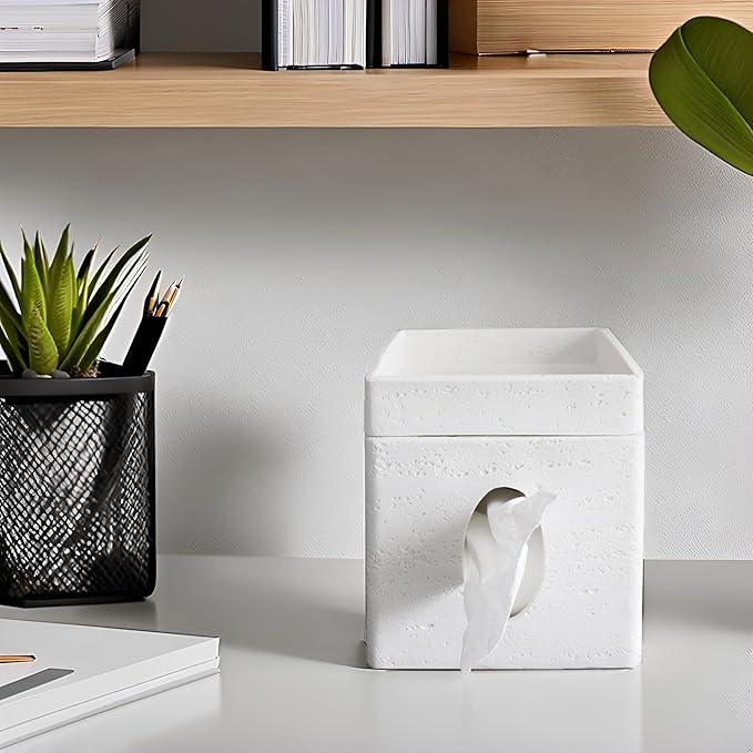 Hymmah Tray Tissue Box Cover Holder Unique Cube Design Tissue Dispenser Cover Decor for Vanity Counter Tops Also Great for Bedroom and Living Room White - ModernBath