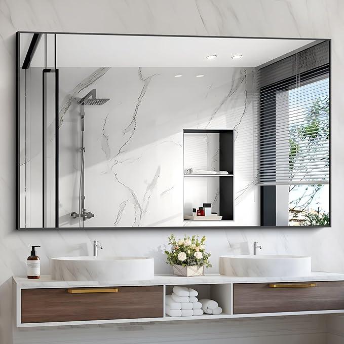 COFENY Black Bathroom Mirror, 48"X36" Rectangle Mirrors for Wall Metal Frame, Modern Vanity Wall Mirror for Bathroom Living Room, Entryway Hangs Horizontal or Vertical - ModernBath