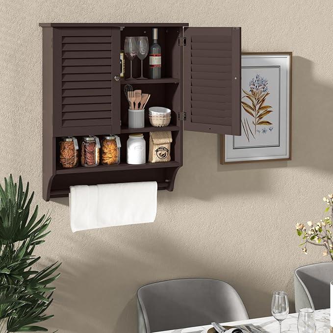 Giantex Wall Mounted Bathroom Cabinet with 2 Louvered Doors, 3-Position Adjustable Shelf, Towel Bar, Over The Toilet Space Saver, Above Toilet Hanging Medicine Cabinet (Espresso) - ModernBath