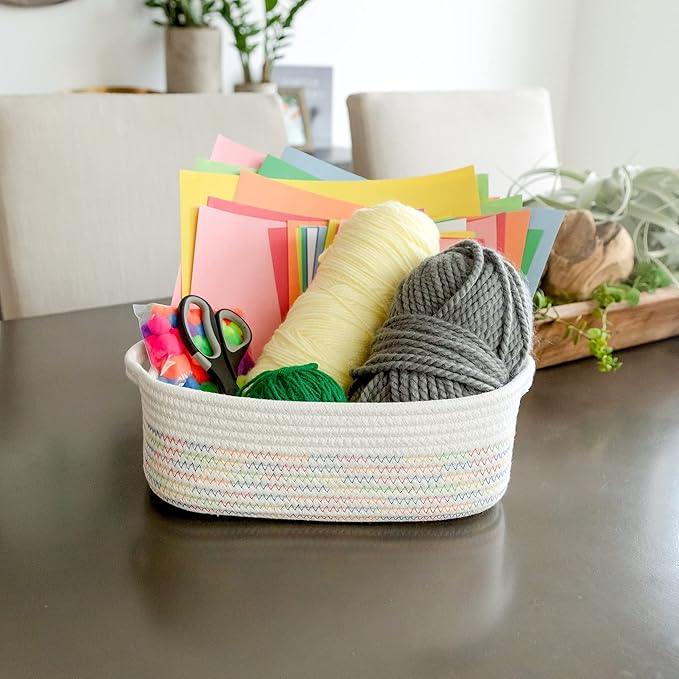 NaturalCozy 5-Piece Rectangle Storage Basket Set- Natural Cotton Rope Woven Baskets for Organizing! Small Basket for Montessori, Baby Nursery, Dog Toy Baskets, Cat Toy Box, Bathroom Organization Bin - ModernBath