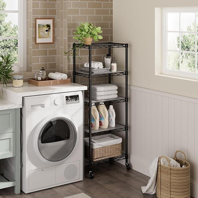 Small 5 Tier Shelves Storage Wire Shelving Unit Metal Shelf Adjustable Organizers Storage Shelving with Wheels for Bathroom Laundry Room Kitchen Pantry12”D x 18”W x 57.2”H Black - ModernBath