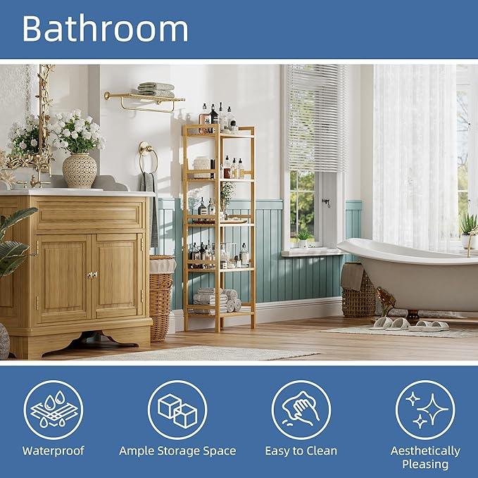 HITNET Tall Narrow Bookshelf, 5 Tier Bathroom Shelf Bamboo, Floor Standing Display Storage Organizer for Small Space, Adjustable Shelves, Natural Wood Bookcase - ModernBath