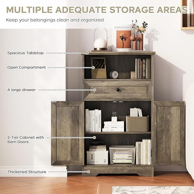 Floor Cabinet, Farmhouse Storage Cabinet with Barn Doors and Drawer, 11.81" D x 23.62" W x 39.37" H Grey Freestanding Adjustable Shelf Organizer for Bathroom, Kitchen, Living Room - ModernBath