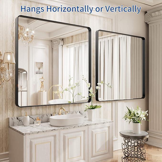WEER 36X36 Inch Black Metal Framed Bathroom Mirror, Matte Black Bathroom Vanity Mirror, Rectangular Black Wall Mirror for Bathroom, Tempered Glass, Rounded Corner, Hangs Horizontal or Vertical - ModernBath