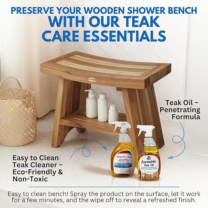 EcoDecors 24 Inch Serenity Teak Shower Bench – Waterproof Bathroom Seat with Large Storage Shelf For Adults & Seniors | Spa-Style Teak Wood Stool with Non-Slip Feet, Elegant Finish, 300 Pound Capacity - ModernBath