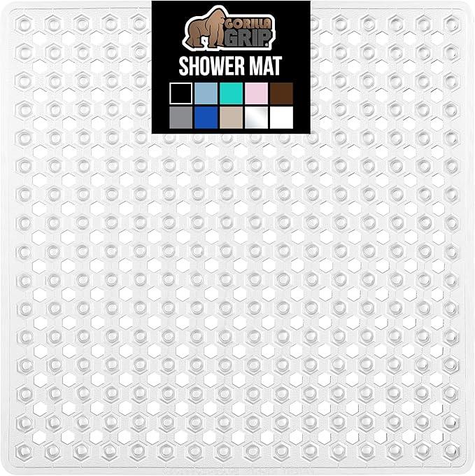 GORILLA GRIP Patented Square Shower Stall Mat, Small Bathtub Floor Mats for Stand Up Showers with Suction Cups and Drainage Holes, Machine Wash, Soft on Feet, Bathroom Accessories 21x21 Inch, Clear - ModernBath