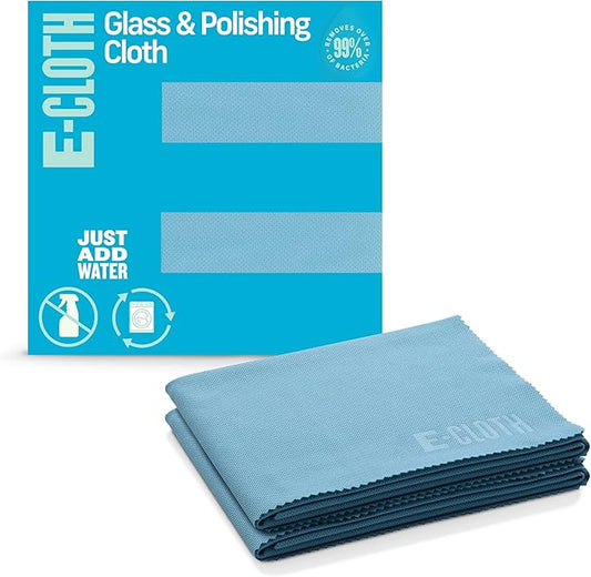 E-Cloth Glass & Polishing Cloths, Premium Microfiber Glass Cleaner, Great for Windows, Glass and Mirrors, Washable and Reusable, 100 Wash Guarantee, Alaskan Blue, 2 Pack
