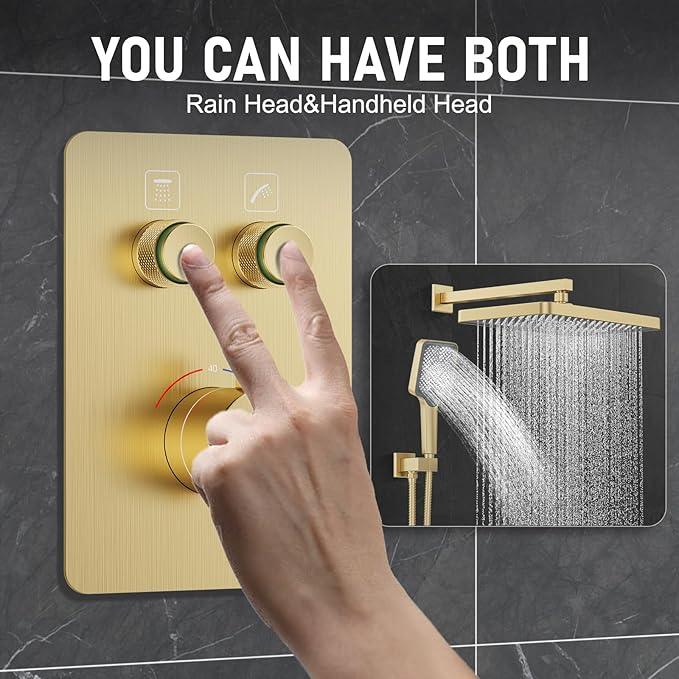 Thermostatic Shower System 13-Inch Rainfall Shower Head - 3 Setting Handheld Sprayer, Complete Bathroom Set with Faucet Mixer Trim Kit & Valve Brushed Gold - ModernBath