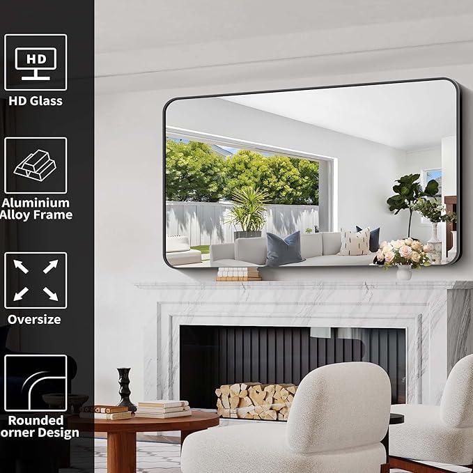 CIVENO Bathroom Mirror, 30"x55" Black Rectangle Wall Mirror, Metal Frame Rounded Corner Vanity Mirror, Large Wall Mounted Mirror for Modern Bedroom Living Room Horizontal Or Vertical Mounting - ModernBath