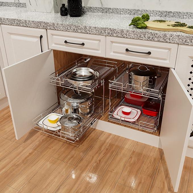 ROOMTEC Individual Pull Out Cabinet Organizer (11½" W x 21½" D), 2 Tier Spice Rack Organizer for Cabinet, Slide Out Drawer Pantry Shelf Organization and Storage for Kitchen Bathroom - ModernBath