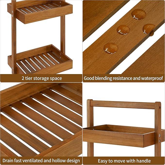 Utoplike Teak Wood Shower Caddy Corner, 2 Tier Bathroom Organizer Countertop, Standing Shower Rack with Handle, Stand Up Shower Basket for Shampoo, Shelf Rack for Inside Shower, Kitchen Desktop - ModernBath