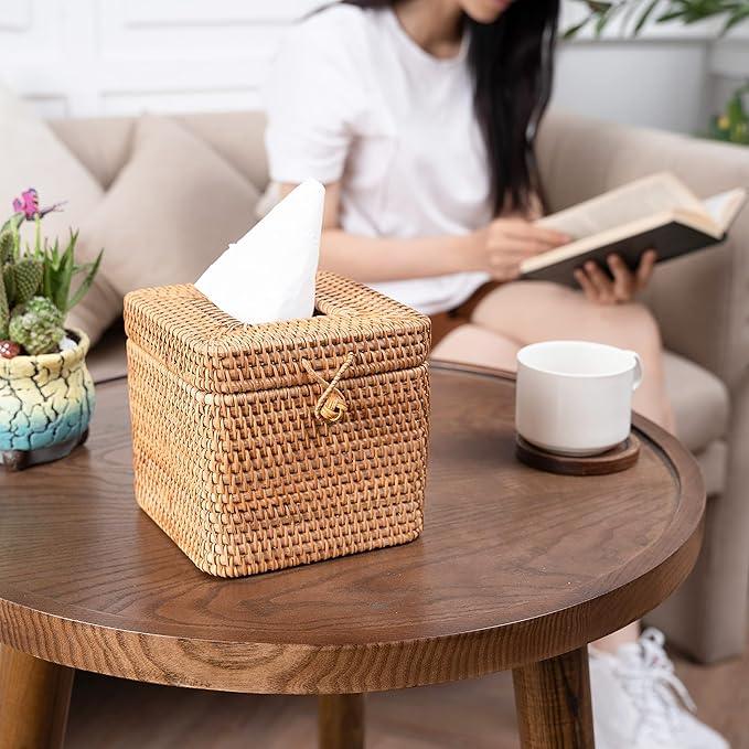 Rattan Square Tissue Box Cover- 5.7" x 5.7" x 5"-Decorative Woven Facial Tissue Holder with Hinged Top Lid- Facial Box for Home, Office,Bathrooms, Decoration (Yellow) - ModernBath