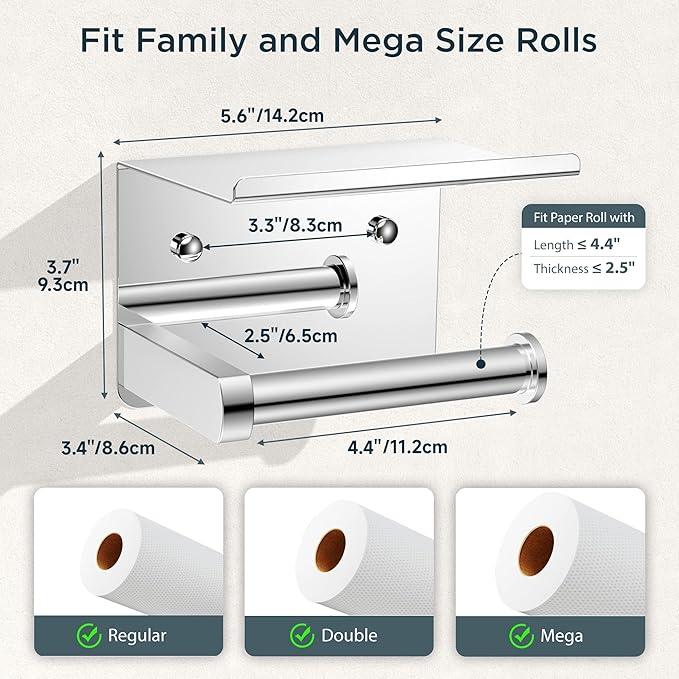 FORIOUS Toilet Paper Holder with Shelf, Adhesive or Screw Wall Mount Toilet Roll Holder for Bathroom, Rustproof 304 Stainless Steel Commercial Toilet Tissue Holder with Phone Shelf, Chrome - ModernBath