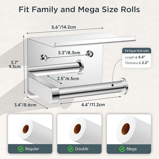 FORIOUS Toilet Paper Holder with Shelf, Adhesive or Screw Wall Mount Toilet Roll Holder for Bathroom, Rustproof 304 Stainless Steel Commercial Toilet Tissue Holder with Phone Shelf, Chrome - ModernBath