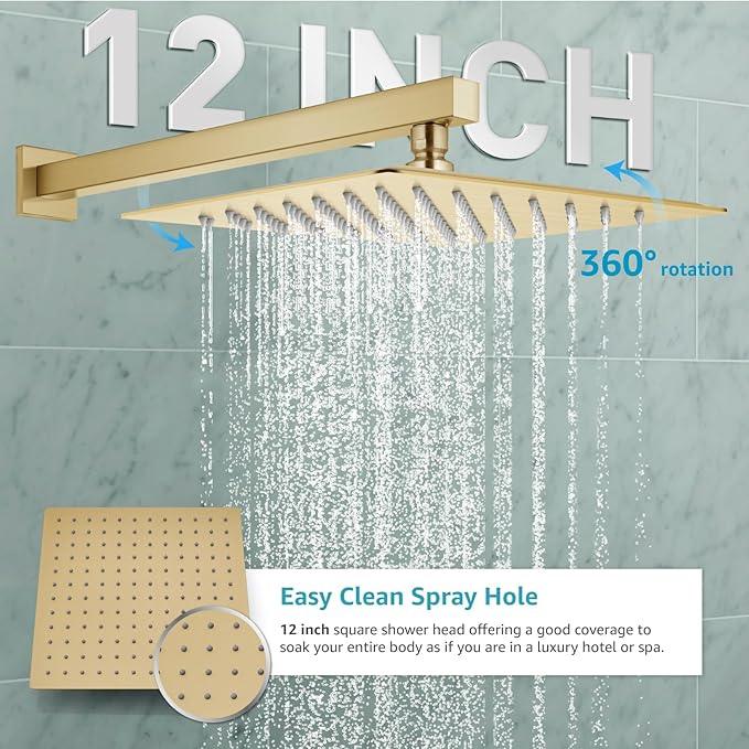 gotonovo Rainfall Bathroom Shower System Rain Shower Head and Handle Set Wall Mounted Shower Complete Combo Solid Brass Pressure Balancing Shower Mixer Valve 12 Inch Brushed Gold - ModernBath