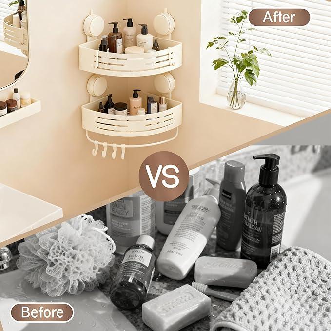 Structoline Corner Suction Cup Shower Caddy(2-Pack Cream White),No-Drilling Aluminum Shower Shelf with Towel Bar & Hooks,Removable Bathroom and Kitchen Storage Organizer - ModernBath