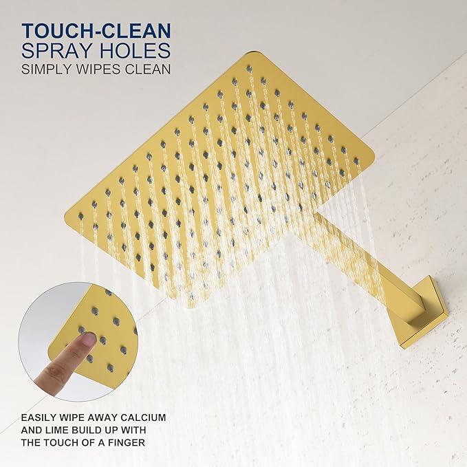 KENES Brushed Gold Shower Faucet, Modern Square 10-Inch Shower Head and Handle Set, Bathroom Rainfall Shower System Wall Mount, KE-6024B-4 (Including Shower Valve) - ModernBath