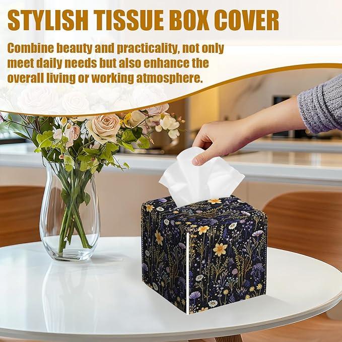 Wildflower Herb Tissue Box Cover 2PCS, Purple Flower Leather Tissue Box Holder Square Facial Paper Case Tissue Box Cube Organizer for Bathroom Bedroom Desk Office - ModernBath