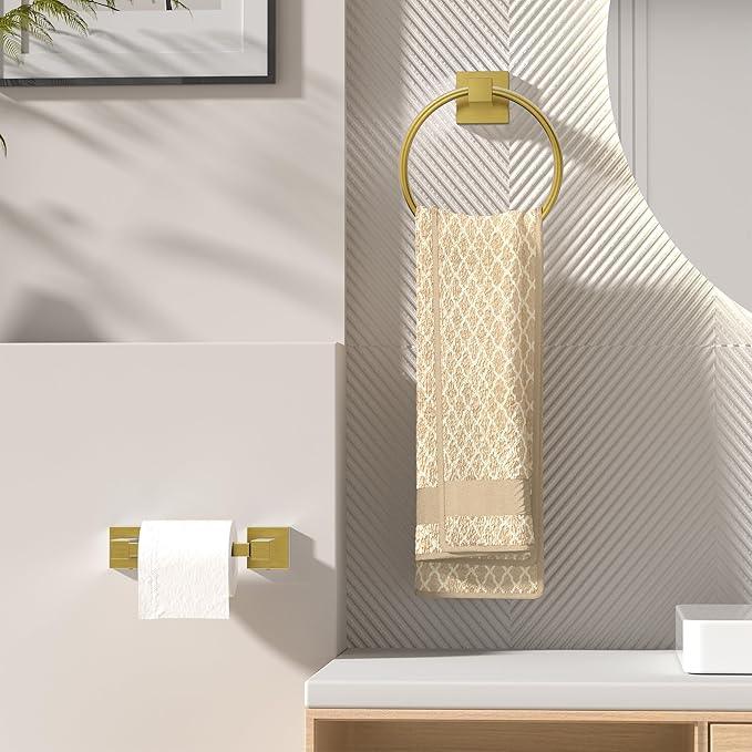 FORIOUS Toilet Paper Holder Wall Mount and Hand Towel Ring Set, SUS 304 Stainless Steel Double Post Pivoting Tissue Roll Holder, Modern Bathroom Hardware Accessories Set, Brushed Gold - ModernBath