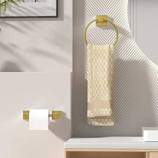 FORIOUS Toilet Paper Holder Wall Mount and Hand Towel Ring Set, SUS 304 Stainless Steel Double Post Pivoting Tissue Roll Holder, Modern Bathroom Hardware Accessories Set, Brushed Gold - ModernBath