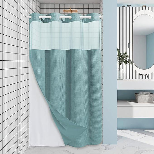 EUTXL Teal Stall No Hook Shower Curtain with Snap in Liner,230GSM Waffle Weave Shower Curtains for Bathroom,54W x 80H - ModernBath