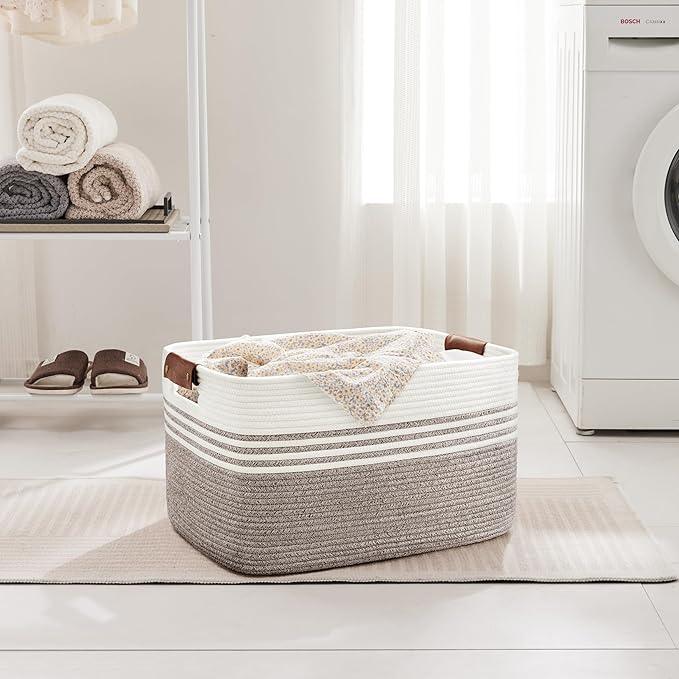 60L Large Laundry Basket with Leather Handles for Living Room Storage, Woven Rope Baskets Bin for Blanket, Kids Toy, Gifts, Wicker Hamper for Bedroom Dirty Clothes, 21"x15"x11" Dark Brown - ModernBath