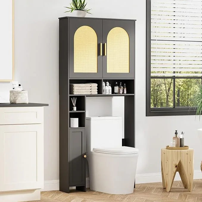 Homhedy 67" H Over The Toilet Storage Cabinet, Boho Bathroom Organizer with Rattan Decorated Doors, Adjustable Shelves, Toilet Paper Holder, Space-Saving Bathroom Shelf, Natural and Black - ModernBath