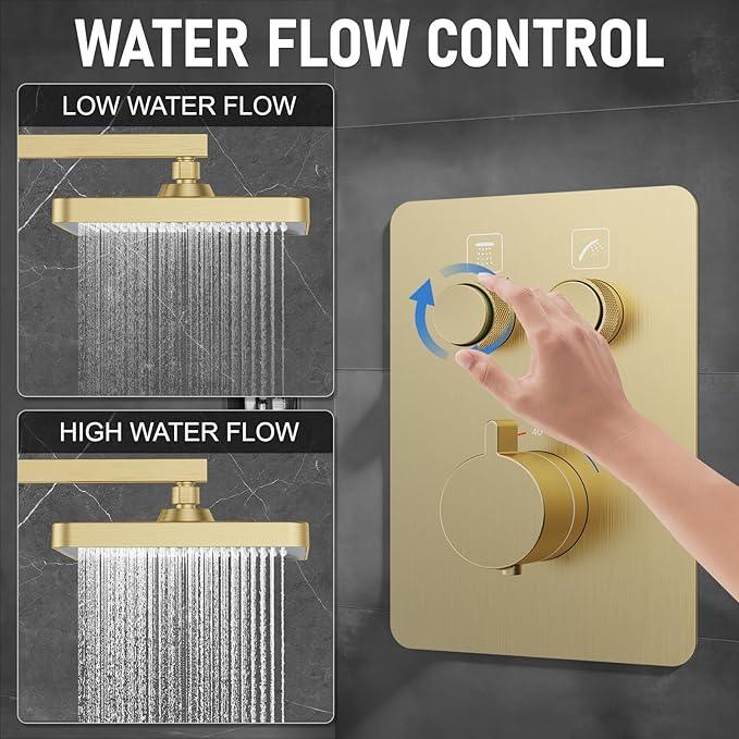 Thermostatic Shower System 13-Inch Rainfall Shower Head - 3 Setting Handheld Sprayer, Complete Bathroom Set with Faucet Mixer Trim Kit & Valve Brushed Gold - ModernBath