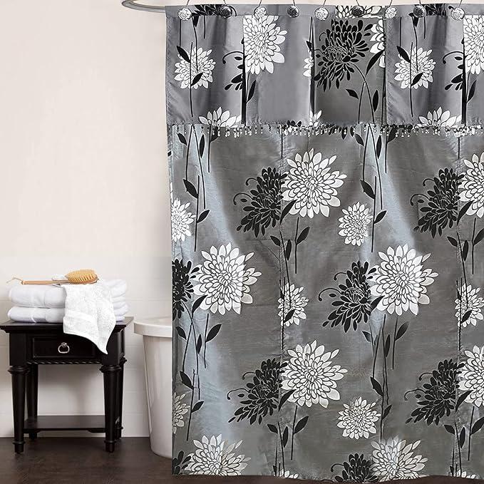 Zahari Home 13pc Erica Bathroom Fabric Shower Curtain Sets Bathroom Shower Curtain & 12 Shower Bathroom Hooks Modern Classic Luxury Contemporary Decor Grey Shower Curtain Stylish Bath Sets - ModernBath