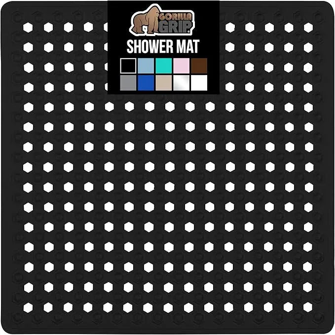 GORILLA GRIP Patented Square Shower Stall Mat, Small Bathtub Floor Mats for Stand Up Showers, Suction Cups and Drainage Holes, Machine Wash, Soft on Feet, Bathroom Accessories 21x21 Inch, Black Opaque - ModernBath