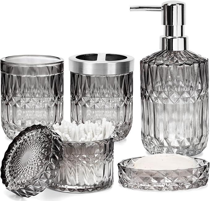 Ulable Bathroom Accessories Set, 5Pcs Bathroom Soap Dispenser Set, Glass Bathroom Accessories with Glass Soap Dispenser, Soap Dish, Toothbrush Holder, Tumbler, Cotton Swab Jar (Gradient Black & Clear) - ModernBath