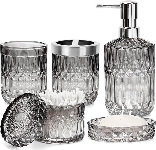 Ulable Bathroom Accessories Set, 5Pcs Bathroom Soap Dispenser Set, Glass Bathroom Accessories with Glass Soap Dispenser, Soap Dish, Toothbrush Holder, Tumbler, Cotton Swab Jar (Gradient Black & Clear) - ModernBath