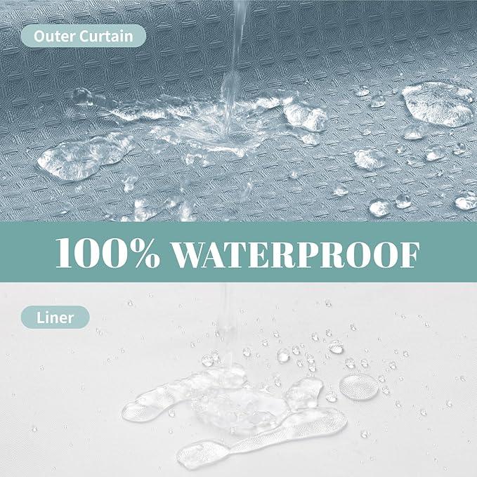 eachope Teal Hook Waffle Weave Shower Curtain with snap-in Liner Replacement, 230GSM Waterproof Fabric Hotel Shower Curtain Set for Bathroom, Through Mesh Top Window,71Wx77H - ModernBath