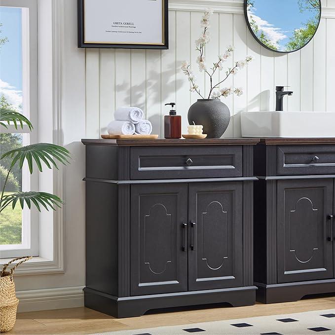 Black Farmhouse Storage Cabinet with 2 Doors and 1 Drawer, Adjustable Shelf, Freestanding Kitchen Pantry Cabinet, Modern Buffet Sideboard Coffee Bar Cabinet Living Room Bathroom Dining Room - ModernBath