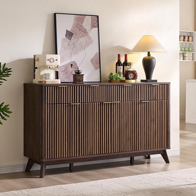 OKD Fluted Storage Cabinet with Drawers, 60" Morden Buffet Sideboard Coffee Bar Cabinet with 4 Doors and 3 Drawers for Dining Room, Living Room,Hallway (Dark Walnut) - ModernBath