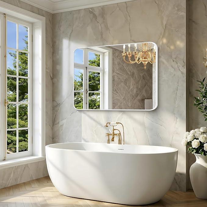 BONEWEI White Bathroom Mirror,36x48 inch Wall Mirror for Bathroom Wall Mounted,Rectangle Mirror for Bathroom Over Sink,Modern Frame Round Corner for Living Room,Bedroom Entryway,Horizontal/Vertical - ModernBath