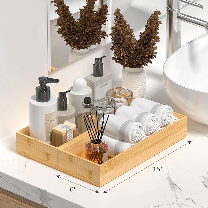 Kitchen Drawer Organizer Bins, Stackable Bamboo Deep Drawer Organizer for Silverware, Utensils, Cutlery, Flatware, Junk Drawer, Dresser, Bathroom, 15" x 6" x 2.5" (Set of 2) - ModernBath