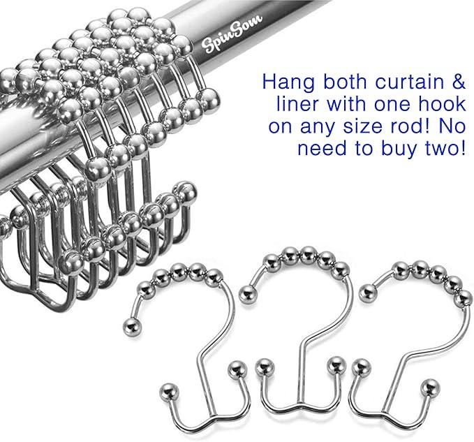 2lbDepot Shower Curtain Rings Hooks - Chrome Finish - Premium 18/8 Stainless Steel - Double Hooks with Easy Glide Rollers Rust Resistant Metal Hook, Six Finishes Available - Set of 12 for Shower Rods - ModernBath