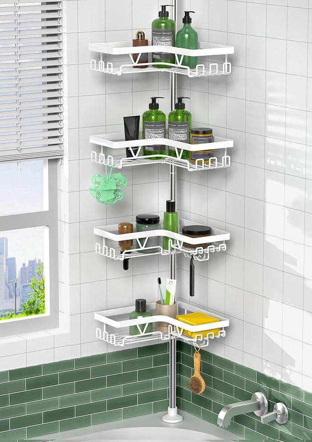 KEGII Corner Shower Caddy Tension Pole - 4-Tier Rustproof Bathroom Organizer, Floor to Ceiling Shower Caddy 25-114.2 inch, No Drilling Shower Storage Rack for Shampoo, Towels (Matte White) - ModernBath
