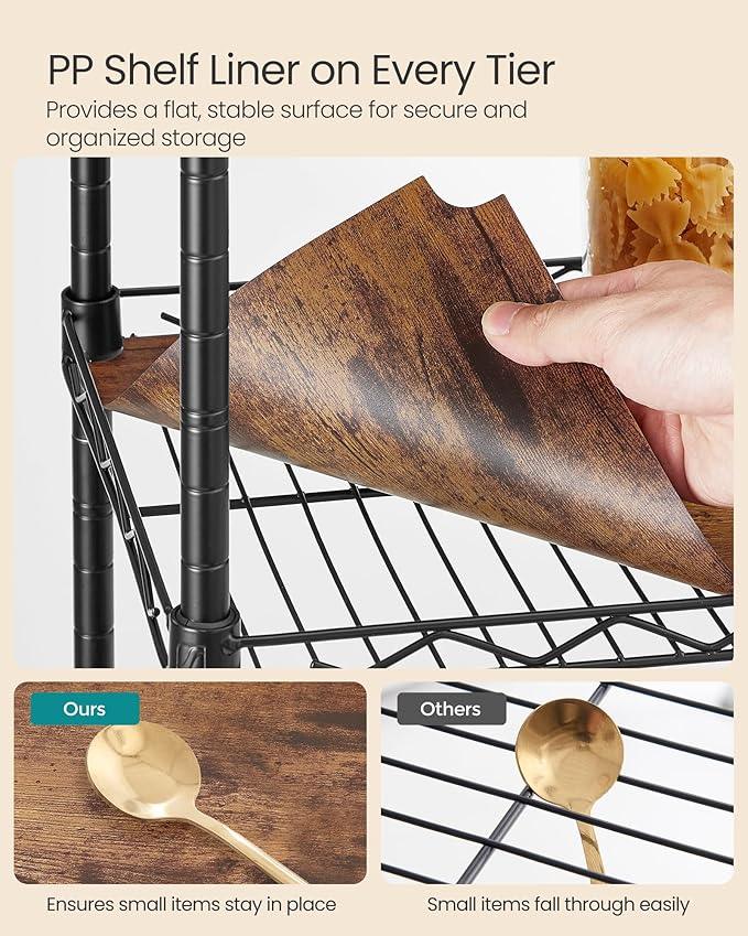 SONGMICS 5-Tier Bathroom Shelf, Storage Rack for Small Space, with 5 PP Shelf Liners, Removable Hook, Extendable Design, Ink Black and Rustic Brown ULGR023B02 - ModernBath