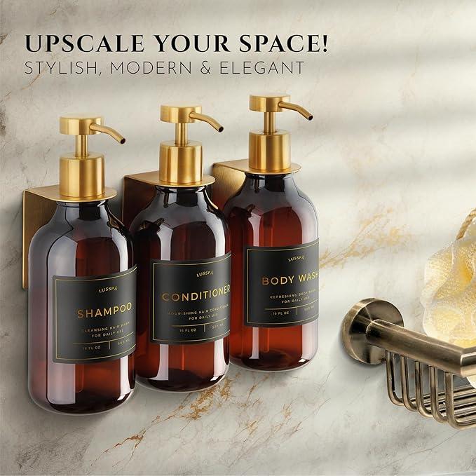 Shampoo & Conditioner Dispenser - Shower Soap Dispenser Wall Mounted - Set of 3 16.9 Oz Plastic Bottles with Pump & Holder - Shampoo Dispenser - Shower Dispenser Chamber No Drill (3 X Amber/Gold) - ModernBath