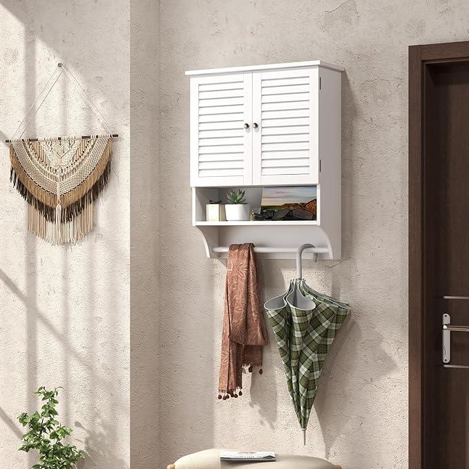 Tangkula Wall Mounted Bathroom Cabinet with Open Shelf & Bar, Medicine Cabinet with Double Louvered Doors, Wall Storage Cabinet with Adjustable Shelf, for Bathroom Living Room Kitchen (White) - ModernBath