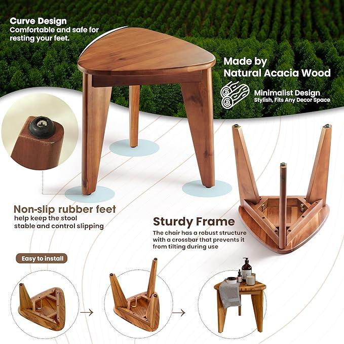HOLANA 12" Corner Shower Foot Rest - Wooden Showers Stool Seat for Shaving Legs - Small Corner Shower Benches for Inside Shower - Waterproof Bath Step Stools Bench for Bathroom (Acacia Wood) - ModernBath