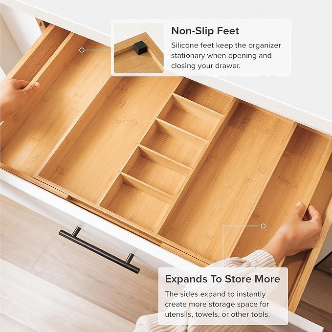 KitchenEdge Adjustable Kitchen Drawer Organizer for Utensils and Junk, Food-Safe Contract Grade with 100% Sustainable Wood, Expandable from 19 to 33 Inches Wide - Natural Bamboo - ModernBath